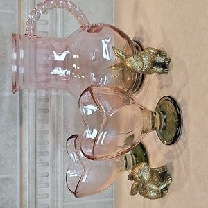 New Target Bullseye Pink Glass Pitcher and Goblets with Gold Rabbit Figurines
